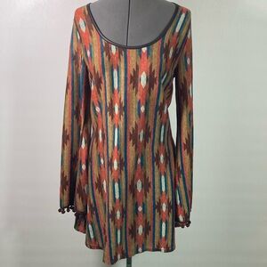 Boho Mini Dress Women Size Large Southwestern Print Bell Sleeve  Multi Colored